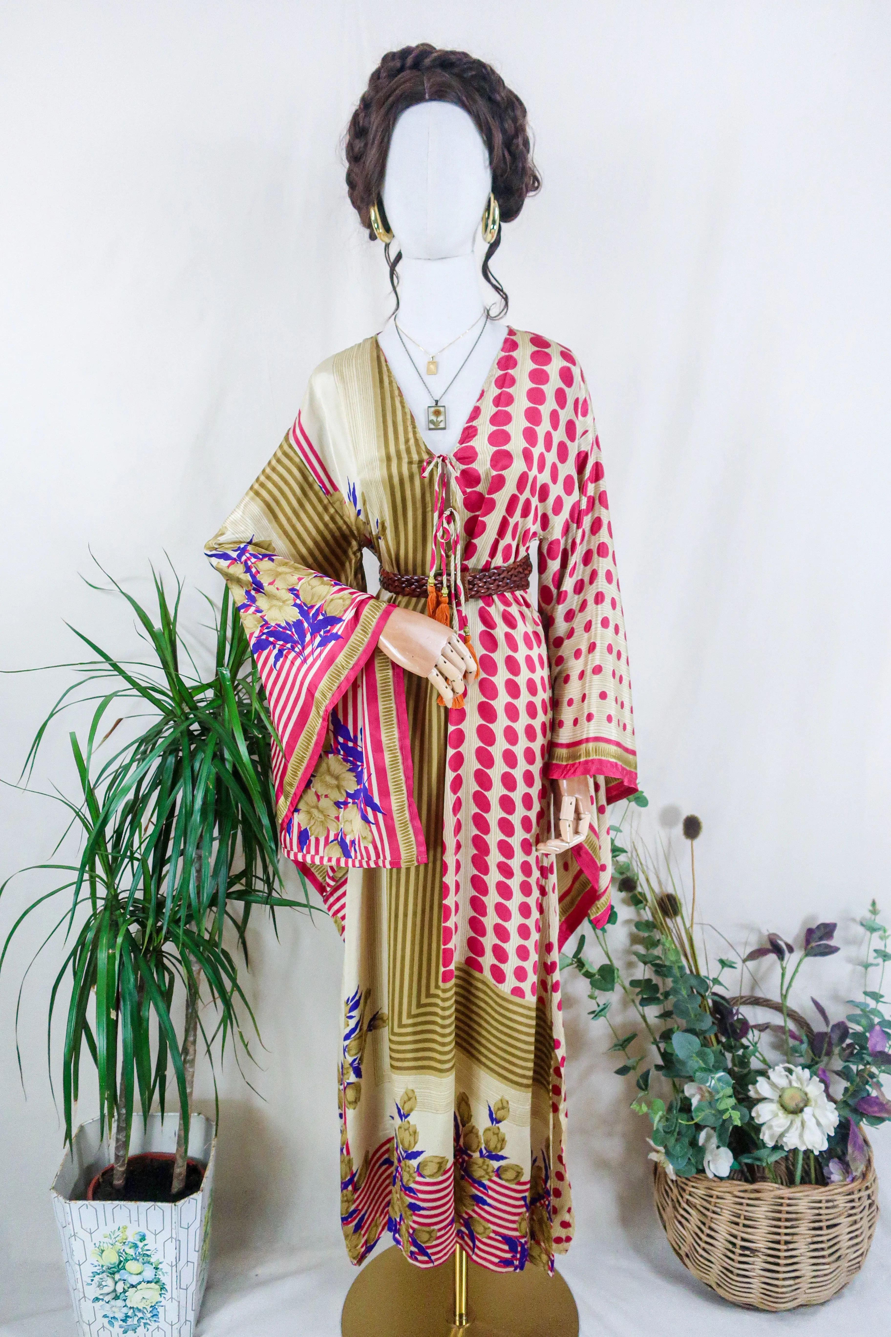 Cassandra Maxi Kaftan - Cerise Flowers & Spots - Vintage Sari - Size S/M