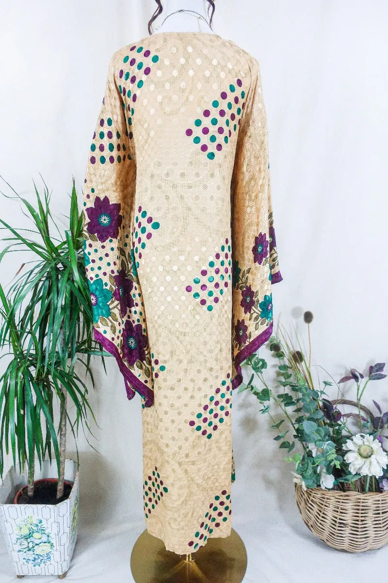 Cassandra Maxi Kaftan - Champagne Gold Polka Dot Jacquard - Vintage Sari - Size S/M