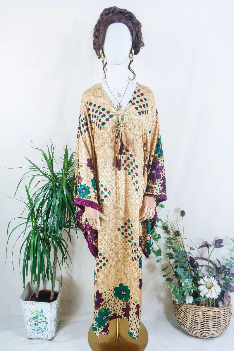 Cassandra Maxi Kaftan - Champagne Gold Polka Dot Jacquard - Vintage Sari - Size S/M