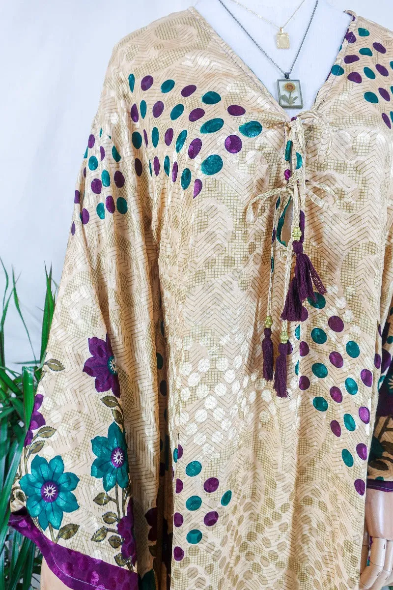 Cassandra Maxi Kaftan - Champagne Gold Polka Dot Jacquard - Vintage Sari - Size S/M