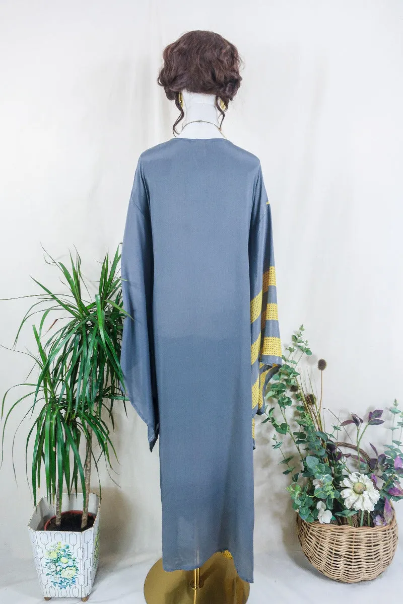Cassandra Maxi Kaftan - Charcoal and Sunshine Block Colour - Vintage Sari - Size M/L