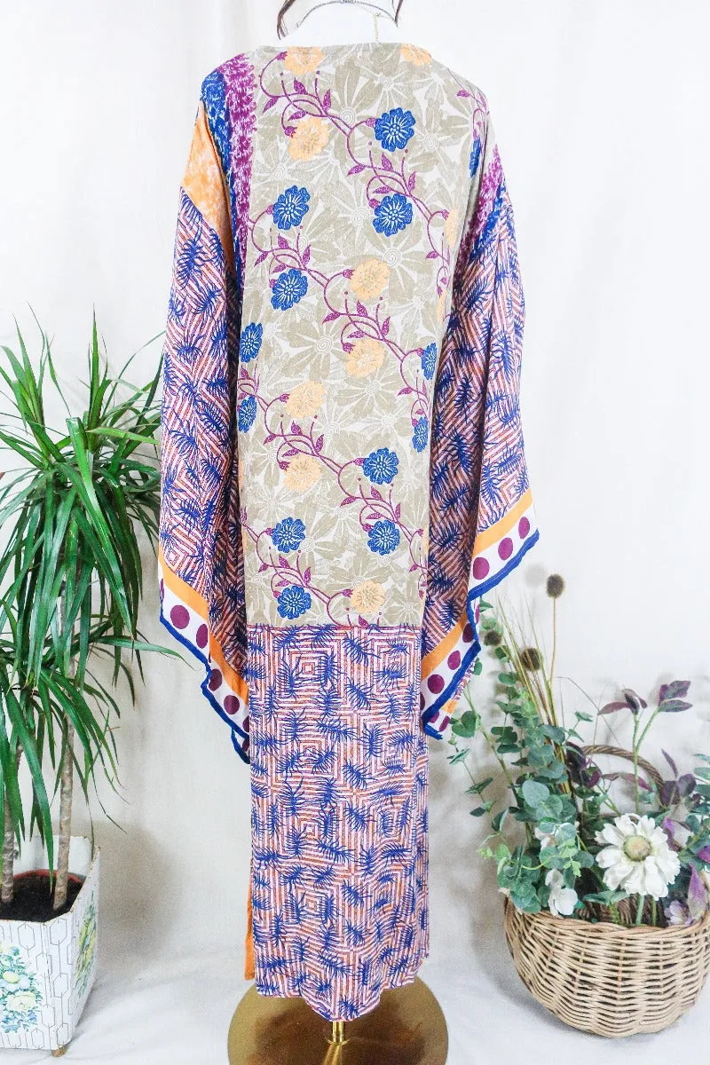 Cassandra Maxi Kaftan - Cobalt and Peach Block Print Gardenia  - Vintage Sari - Size M/L