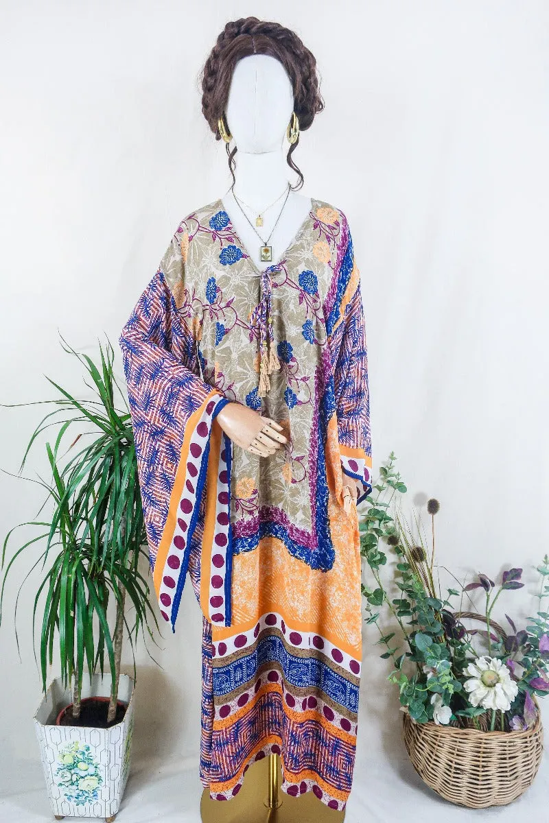 Cassandra Maxi Kaftan - Cobalt and Peach Block Print Gardenia  - Vintage Sari - Size M/L