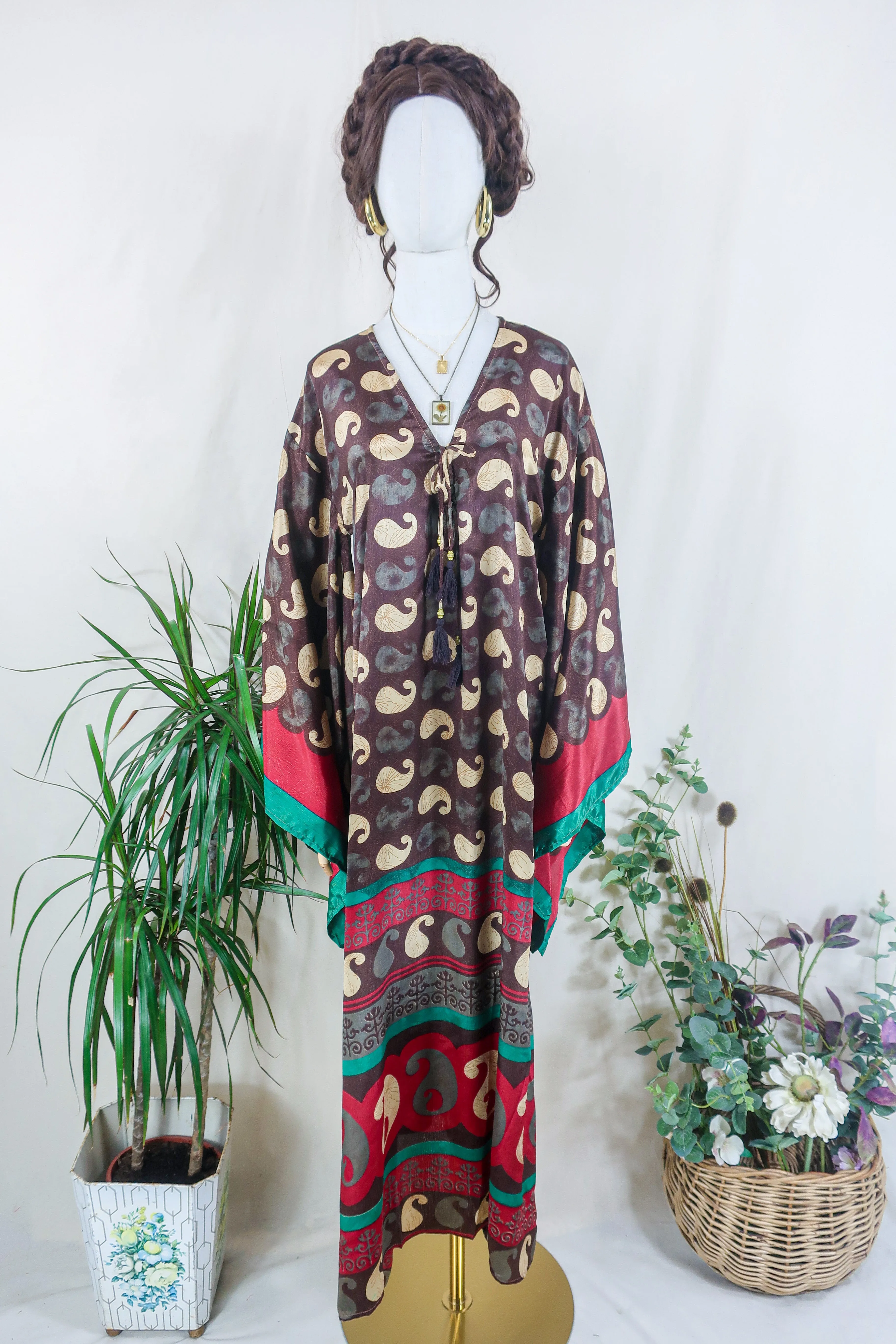 Cassandra Maxi Kaftan - Deep Umber & Oat Paisley - Vintage Sari - Size S/M