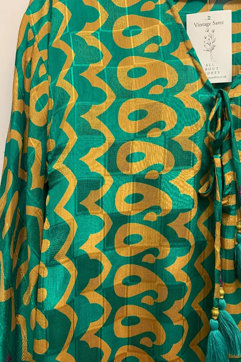 Cassandra Maxi Kaftan - Emerald & Amber Paisley - Vintage Sari - Size S/M