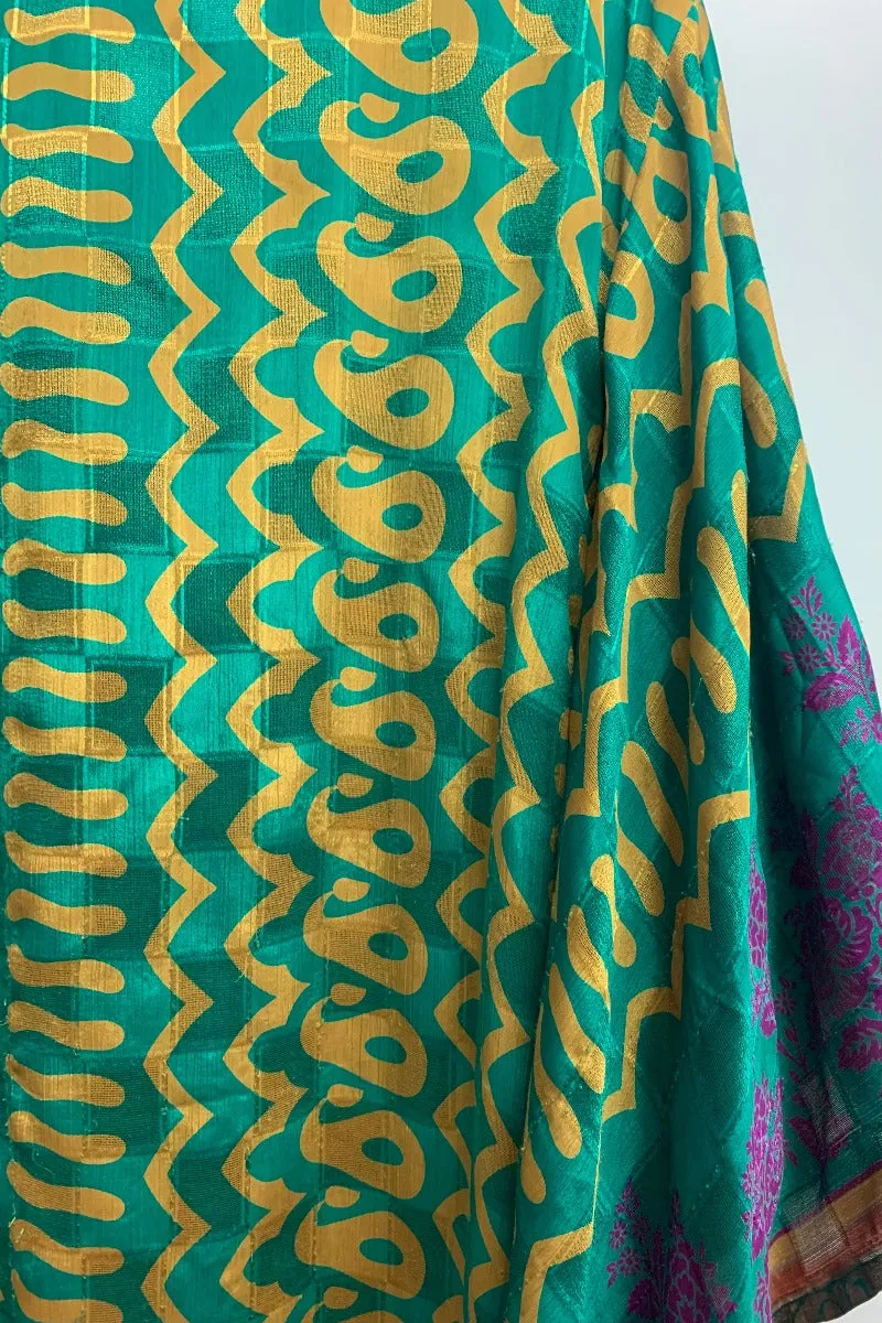 Cassandra Maxi Kaftan - Emerald & Amber Paisley - Vintage Sari - Size S/M