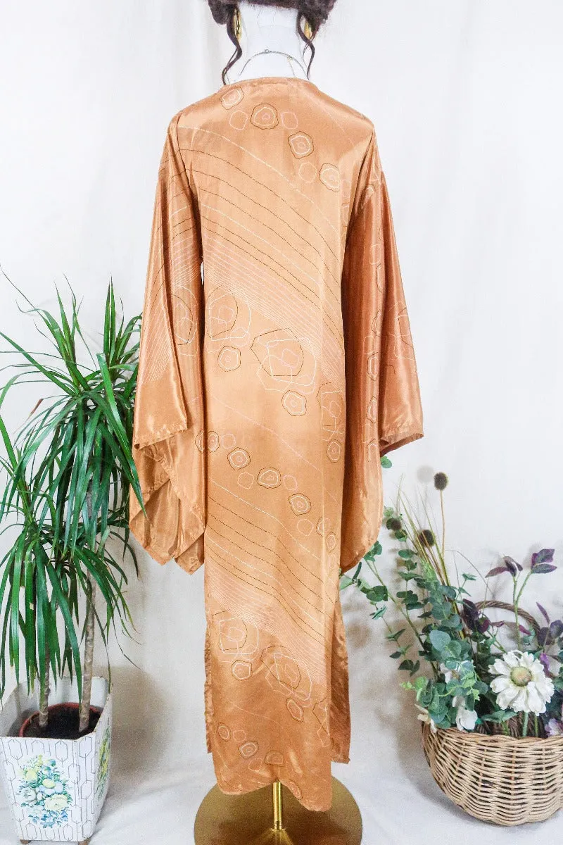Cassandra Maxi Kaftan - Golden Sands Graphic - Vintage Sari - Size S/M