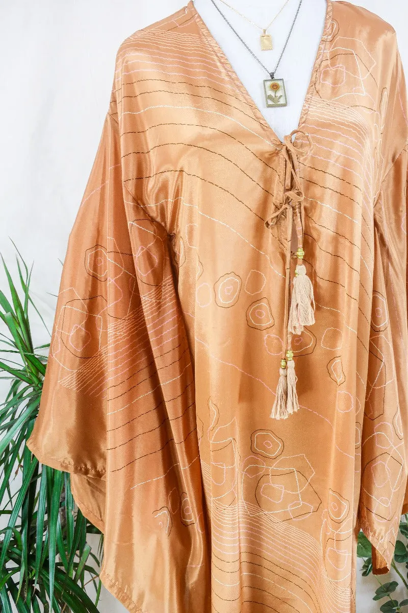 Cassandra Maxi Kaftan - Golden Sands Graphic - Vintage Sari - Size S/M
