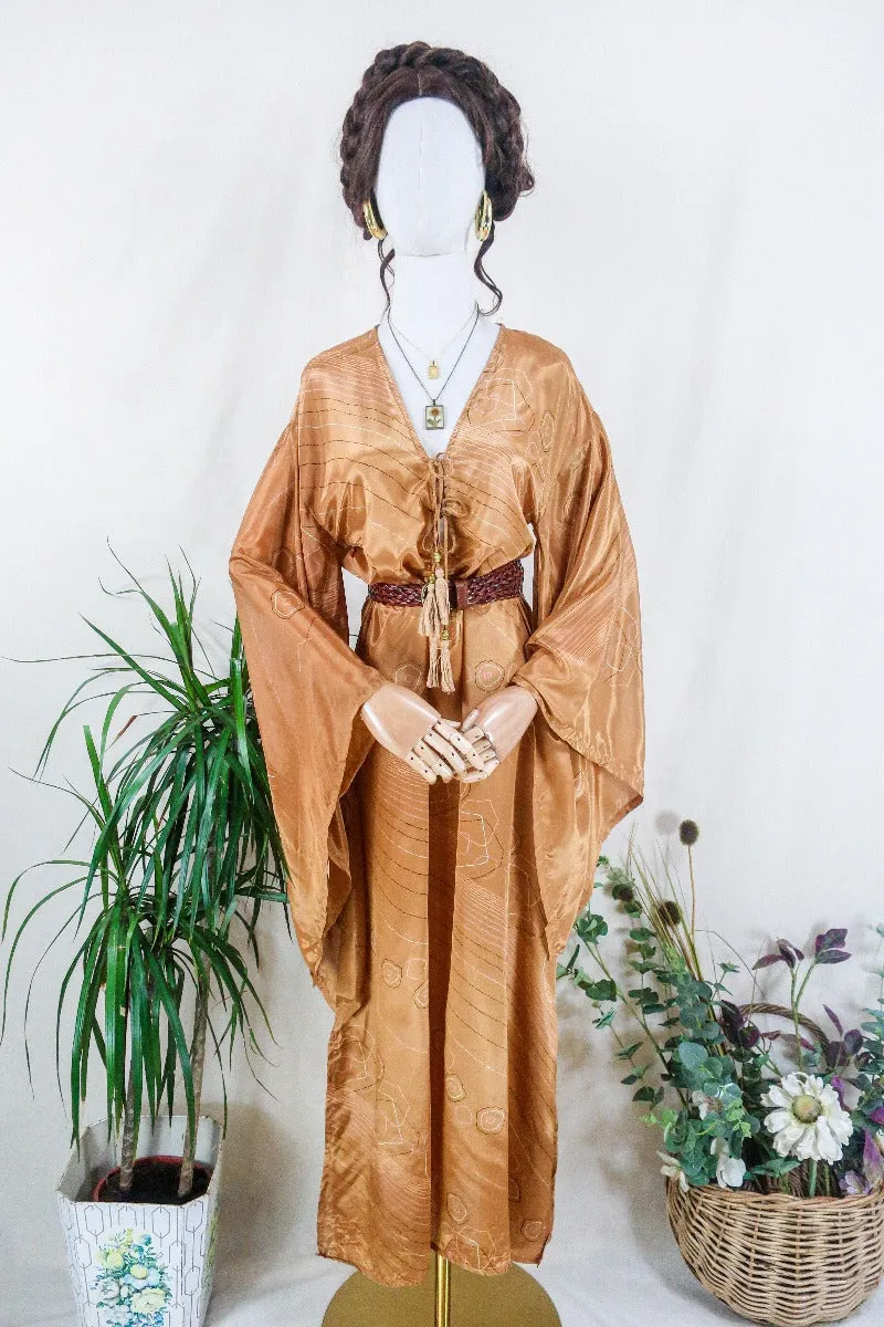 Cassandra Maxi Kaftan - Golden Sands Graphic - Vintage Sari - Size S/M