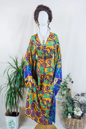 Cassandra Maxi Kaftan - Golden Yellow, Purple & Mint Green Swirls - Vintage Sari - Size M/L