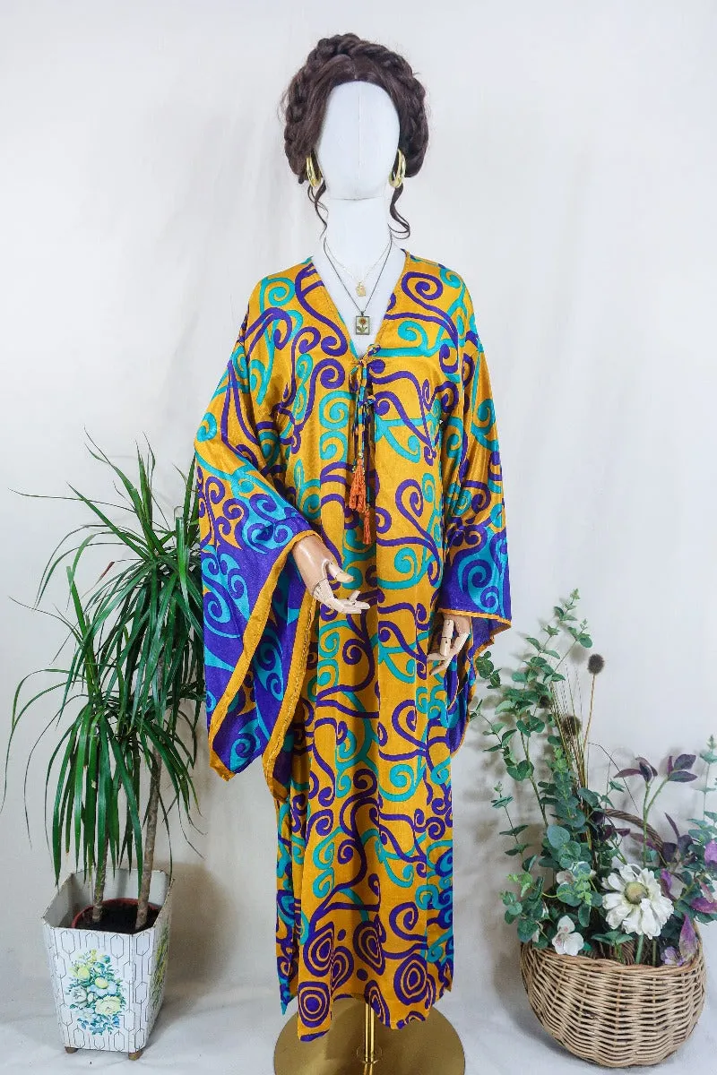 Cassandra Maxi Kaftan - Golden Yellow, Purple & Mint Green Swirls - Vintage Sari - Size M/L