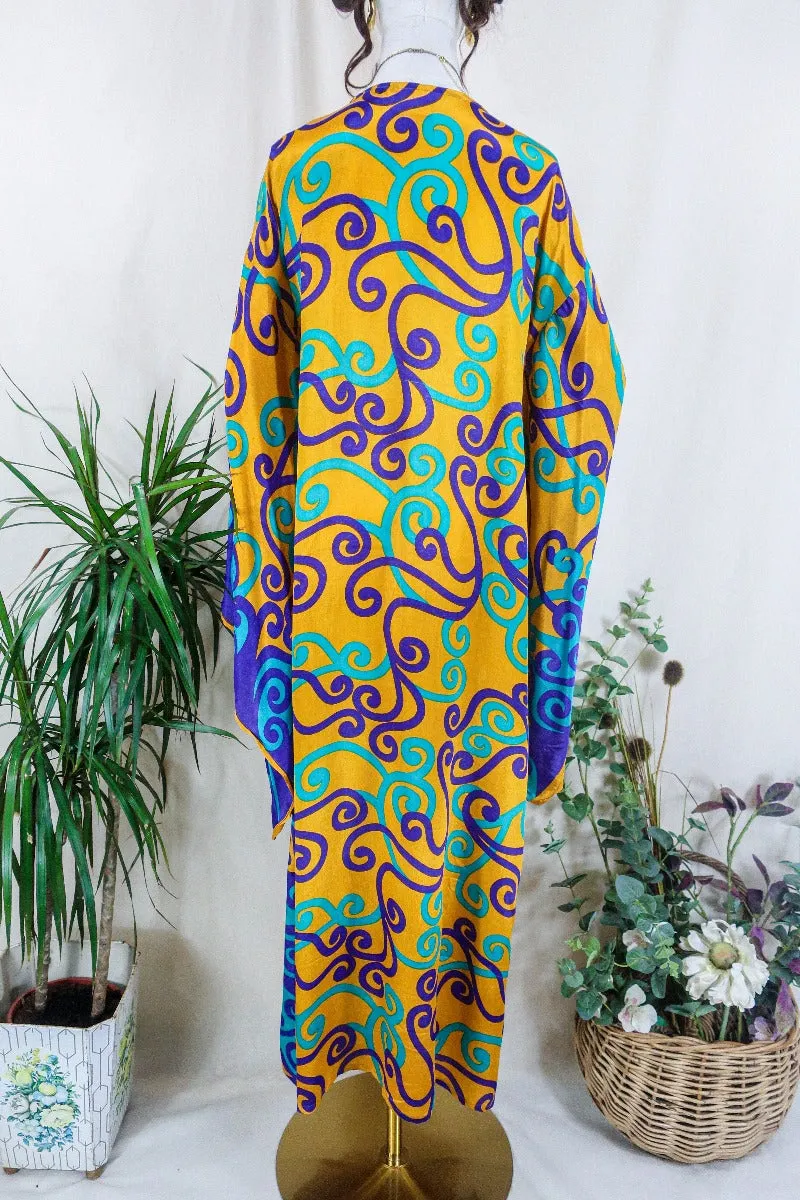 Cassandra Maxi Kaftan - Golden Yellow, Purple & Mint Green Swirls - Vintage Sari - Size M/L