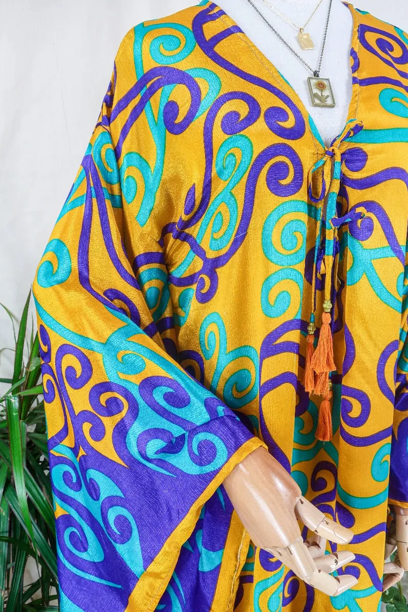 Cassandra Maxi Kaftan - Golden Yellow, Purple & Mint Green Swirls - Vintage Sari - Size M/L