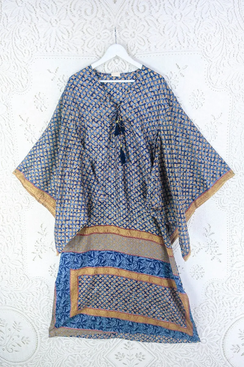 Cassandra Maxi Kaftan - Indigo Blue & Gold Mosaic - Vintage Sari - Size S