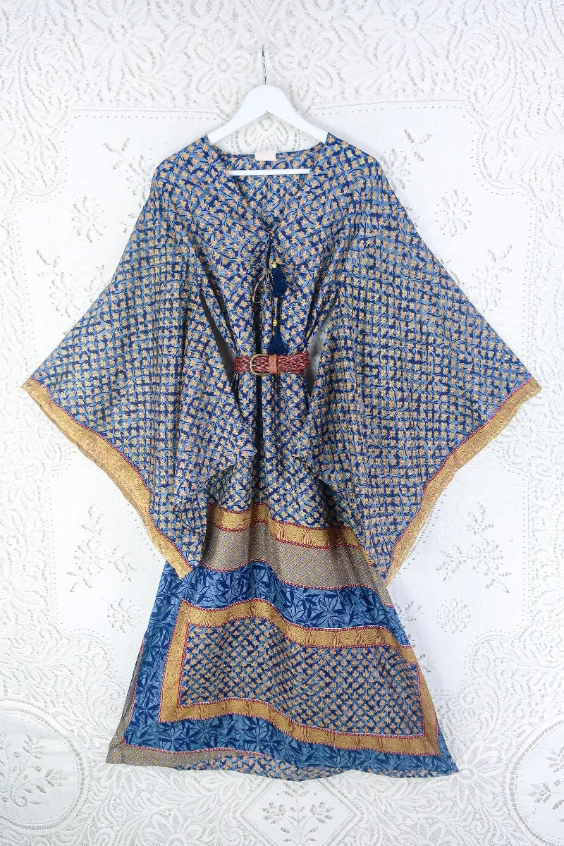 Cassandra Maxi Kaftan - Indigo Blue & Gold Mosaic - Vintage Sari - Size S