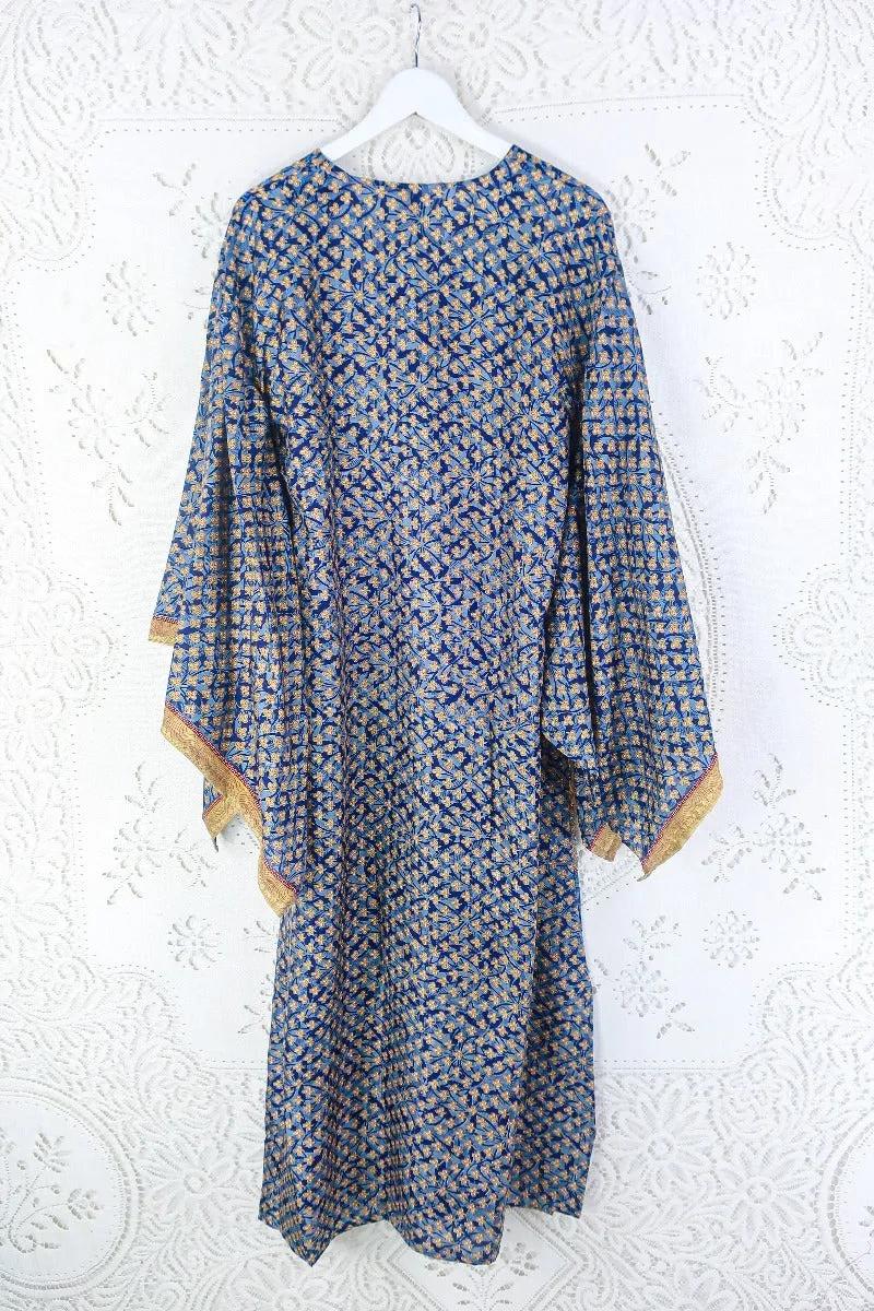 Cassandra Maxi Kaftan - Indigo Blue & Gold Mosaic - Vintage Sari - Size S