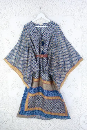 Cassandra Maxi Kaftan - Indigo Blue & Gold Mosaic - Vintage Sari - Size S