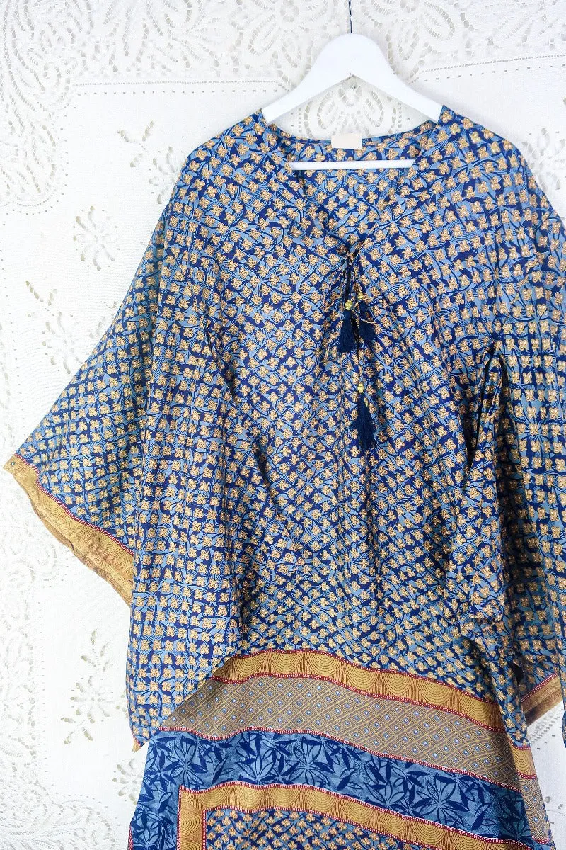 Cassandra Maxi Kaftan - Indigo Blue & Gold Mosaic - Vintage Sari - Size S