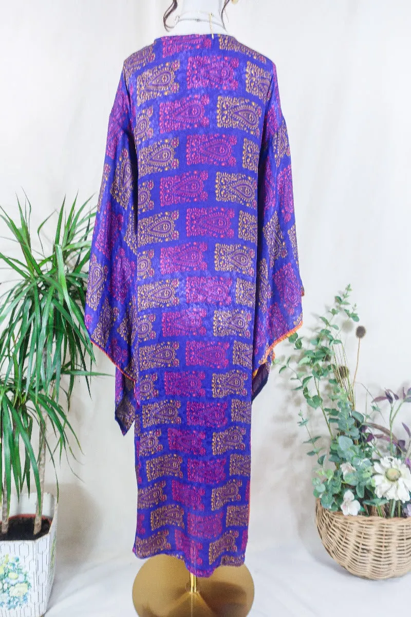 Cassandra Maxi Kaftan - Iridescent Violet & Blue Paisley - Vintage Sari - Size M/L