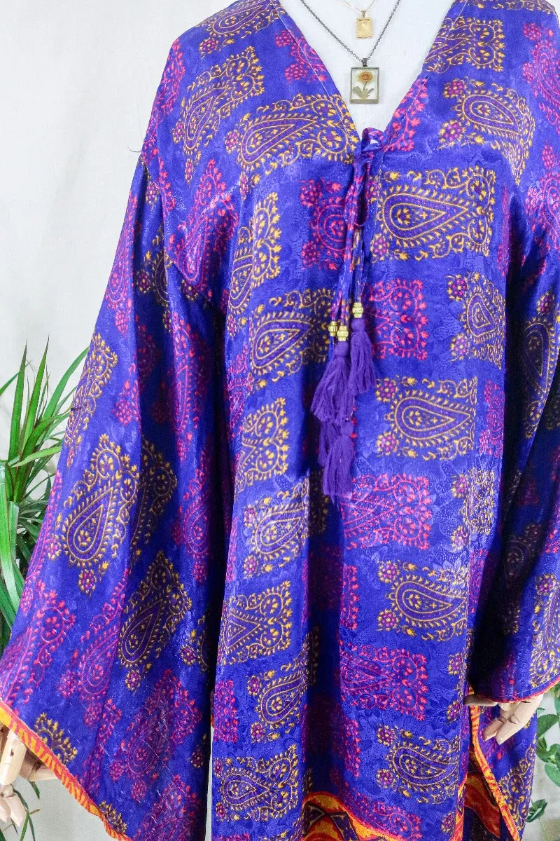 Cassandra Maxi Kaftan - Iridescent Violet & Blue Paisley - Vintage Sari - Size M/L