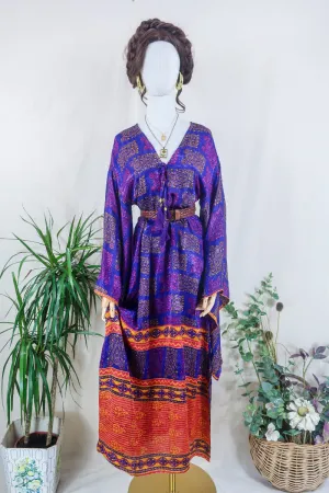 Cassandra Maxi Kaftan - Iridescent Violet & Blue Paisley - Vintage Sari - Size M/L