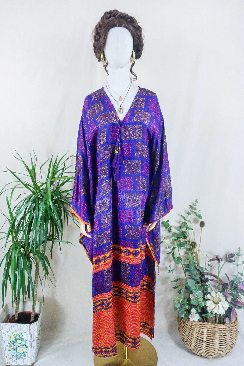 Cassandra Maxi Kaftan - Iridescent Violet & Blue Paisley - Vintage Sari - Size M/L