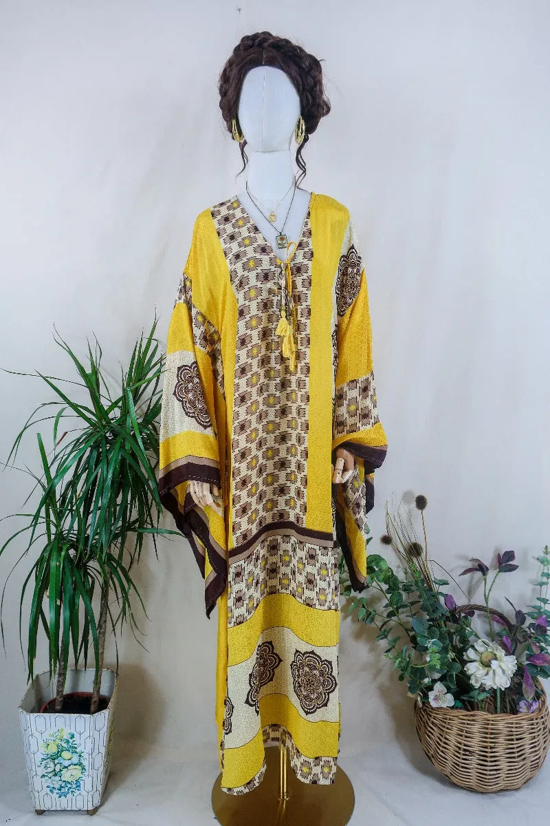 Cassandra Maxi Kaftan - Limoncello and Chocolate Ikat  - Vintage Sari - Size L/XL