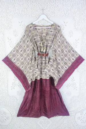 Cassandra Maxi Kaftan - Macramé Beige & Mulberry Ornate Tile - Vintage Sari - Size M/L