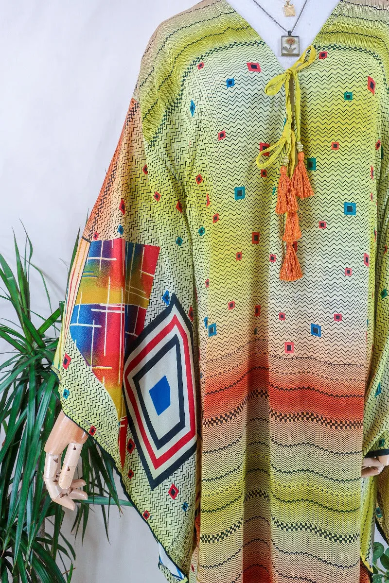 Cassandra Maxi Kaftan - Meadow Green Hall of Kaleidoscopes - Vintage Sari - Size M/L