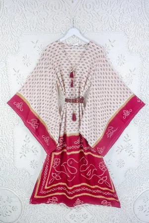 Cassandra Maxi Kaftan - Mink & Garnet Red Floral - Vintage Sari - Size S/M