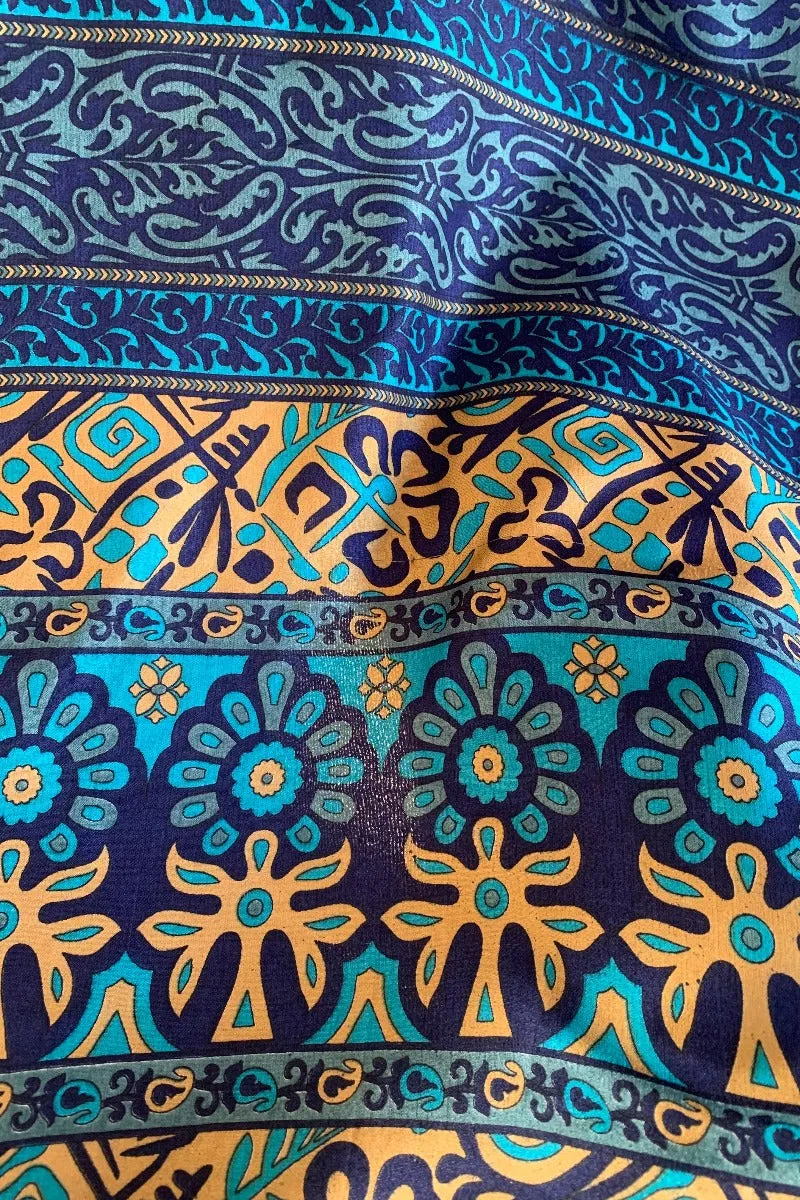 Cassandra Maxi Kaftan - Mystic Blue Nouveau - Vintage Sari - Size S/M