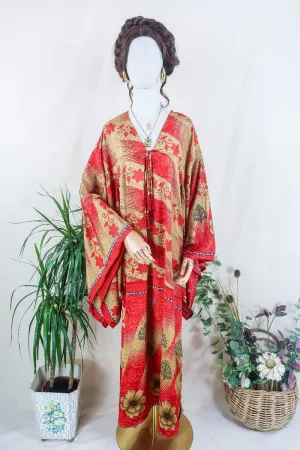 Cassandra Maxi Kaftan - Sandcastle & Scarlet Red Floral - Vintage Sari - Size S/M