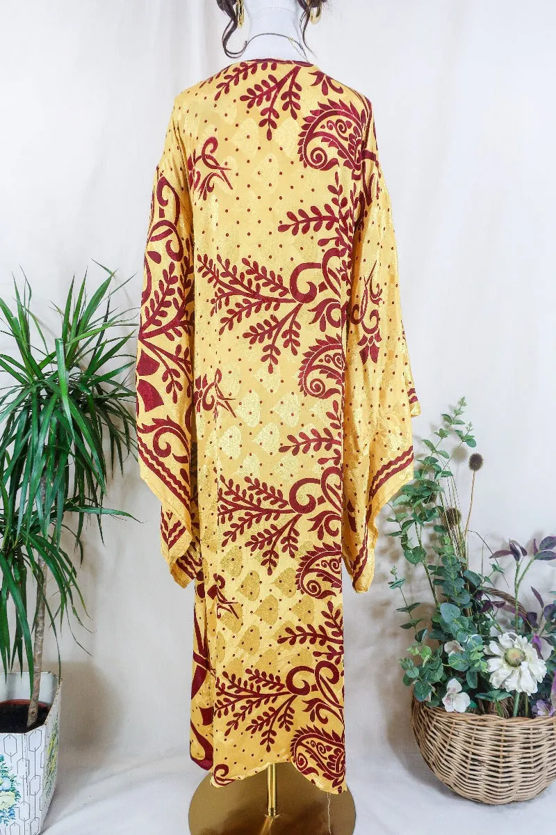 Cassandra Maxi Kaftan - Soft Yellow & Garnet Red Shimmer - Vintage Sari - Size M/L