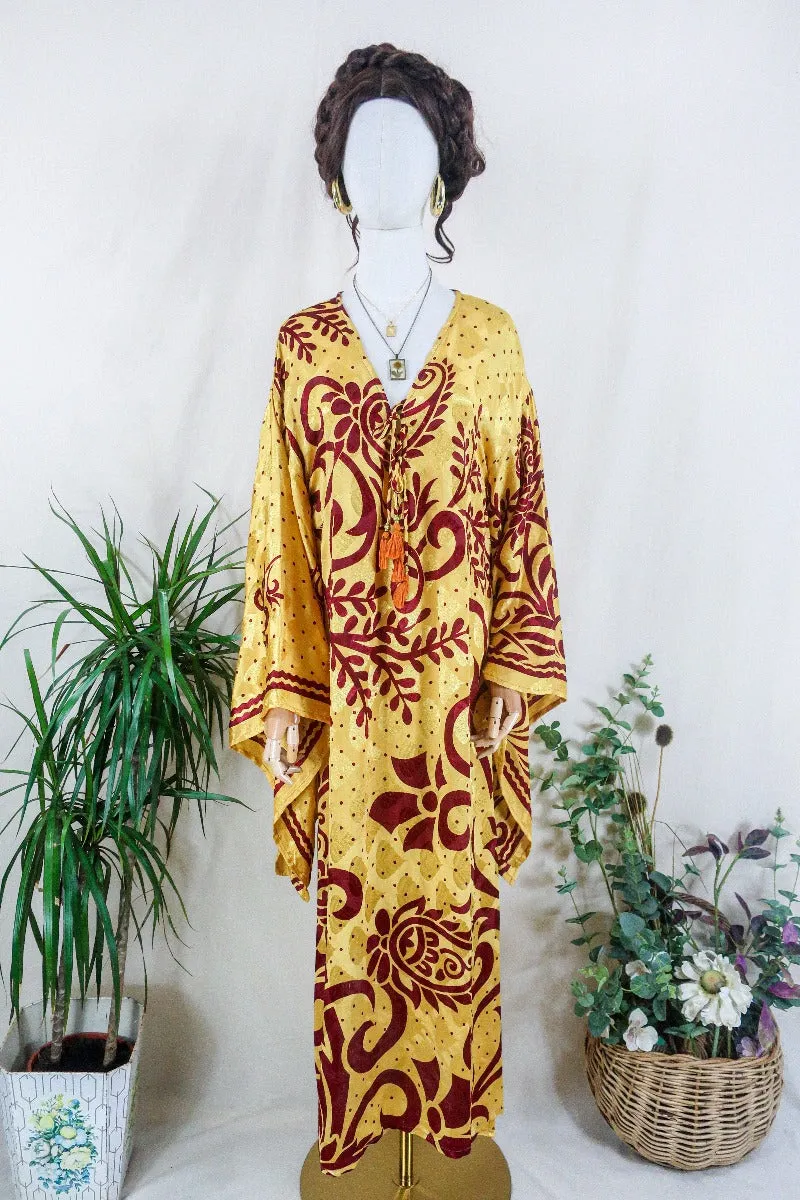 Cassandra Maxi Kaftan - Soft Yellow & Garnet Red Shimmer - Vintage Sari - Size M/L