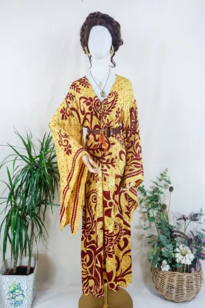 Cassandra Maxi Kaftan - Soft Yellow & Garnet Red Shimmer - Vintage Sari - Size M/L