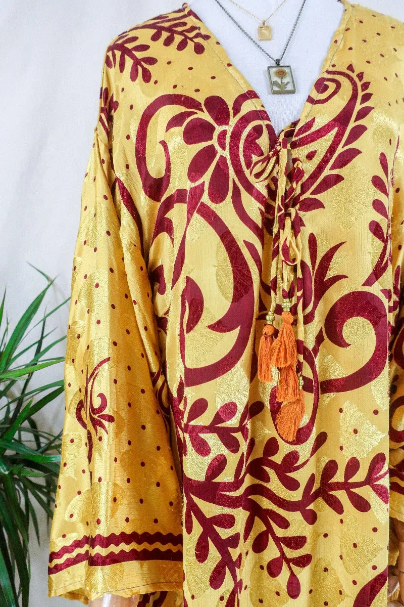 Cassandra Maxi Kaftan - Soft Yellow & Garnet Red Shimmer - Vintage Sari - Size M/L