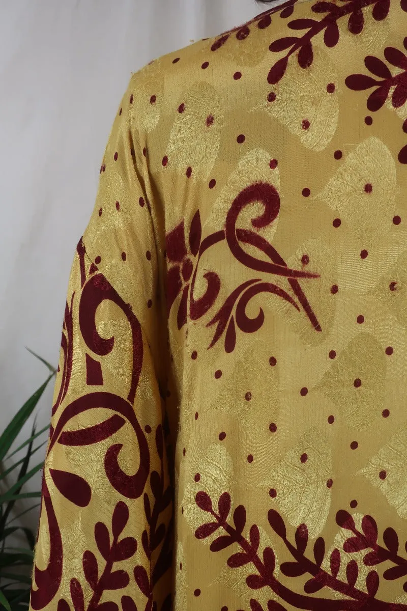 Cassandra Maxi Kaftan - Soft Yellow & Garnet Red Shimmer - Vintage Sari - Size M/L