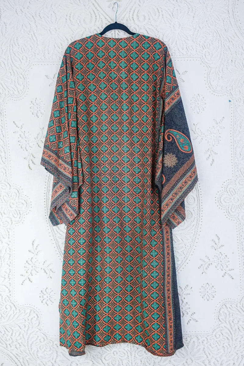 Cassandra Maxi Kaftan - Terracotta, Taupe & Turquoise Tile Print - Vintage Sari - Size S/M