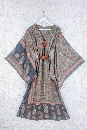 Cassandra Maxi Kaftan - Terracotta, Taupe & Turquoise Tile Print - Vintage Sari - Size S/M