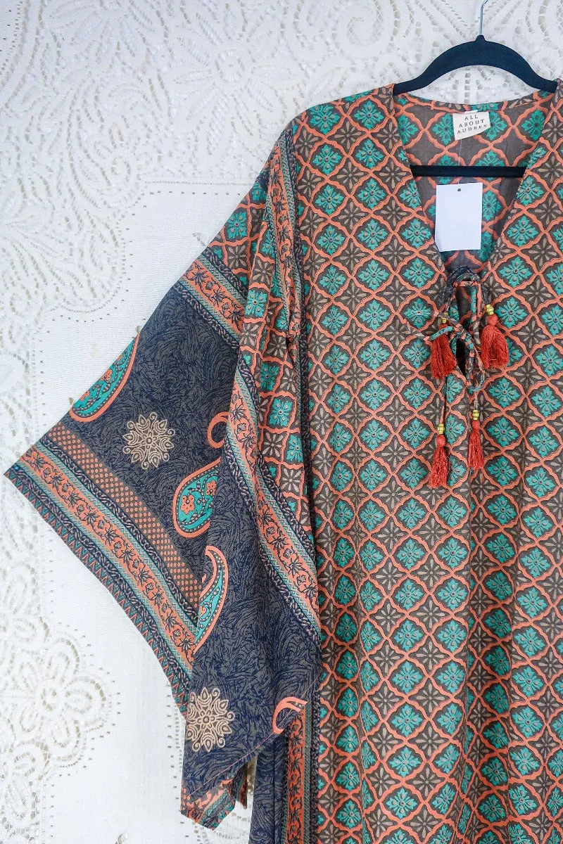 Cassandra Maxi Kaftan - Terracotta, Taupe & Turquoise Tile Print - Vintage Sari - Size S/M