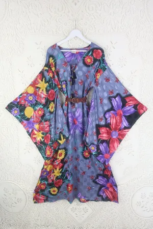 Cassandra Maxi Kaftan - Tropical Dusk Floral  - Vintage Sari - Size L/XL