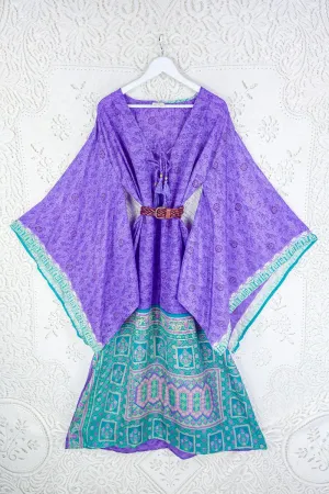 Cassandra Maxi Kaftan - Violet & Jade Green Ornamental - Vintage Sari - Size M/L