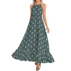 Cats Ruffle Hem Halter Neck Maxi Dress