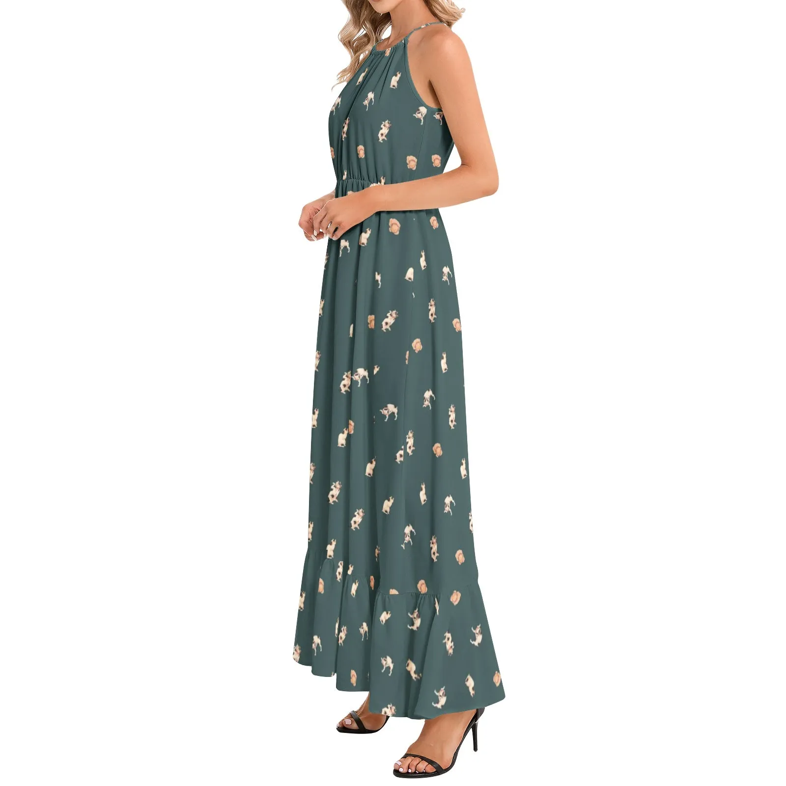 Cats Ruffle Hem Halter Neck Maxi Dress