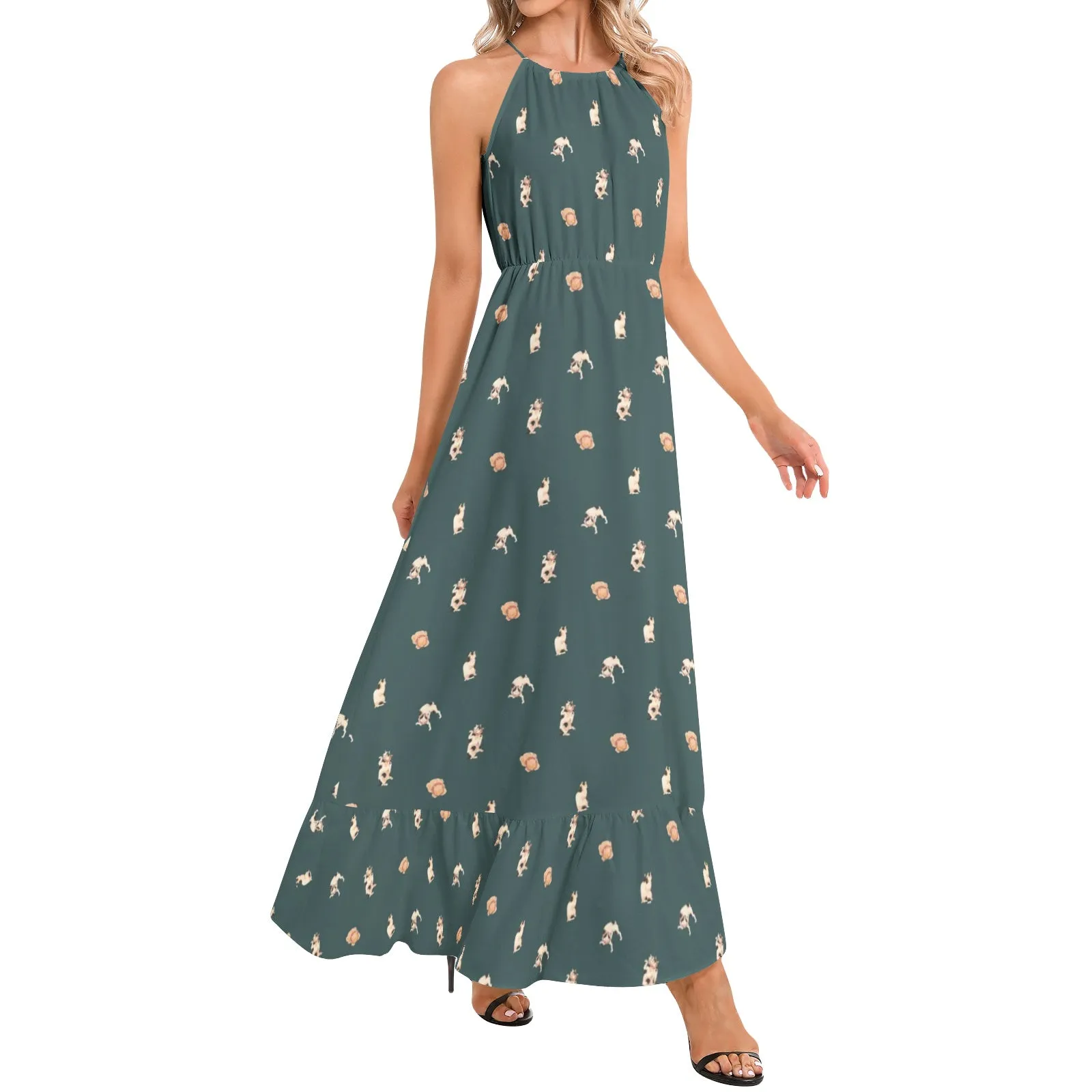 Cats Ruffle Hem Halter Neck Maxi Dress
