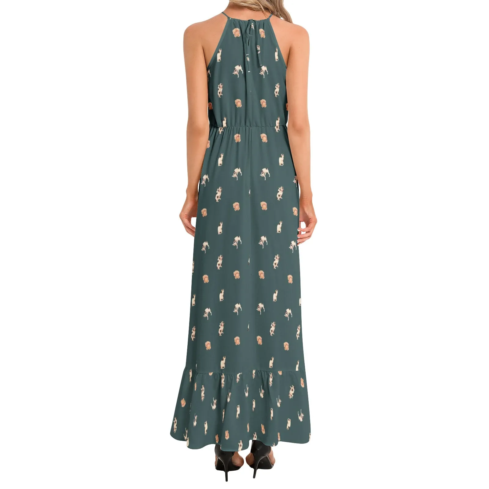 Cats Ruffle Hem Halter Neck Maxi Dress