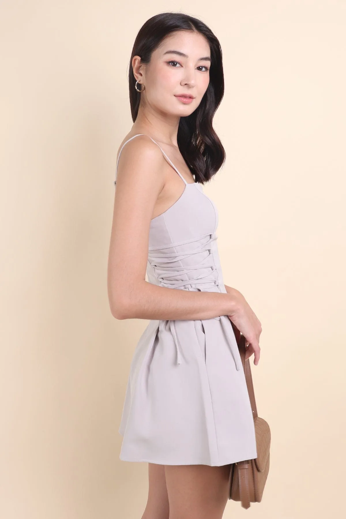 CECE SIDE TIE SKATER DRESS IN TAUPE