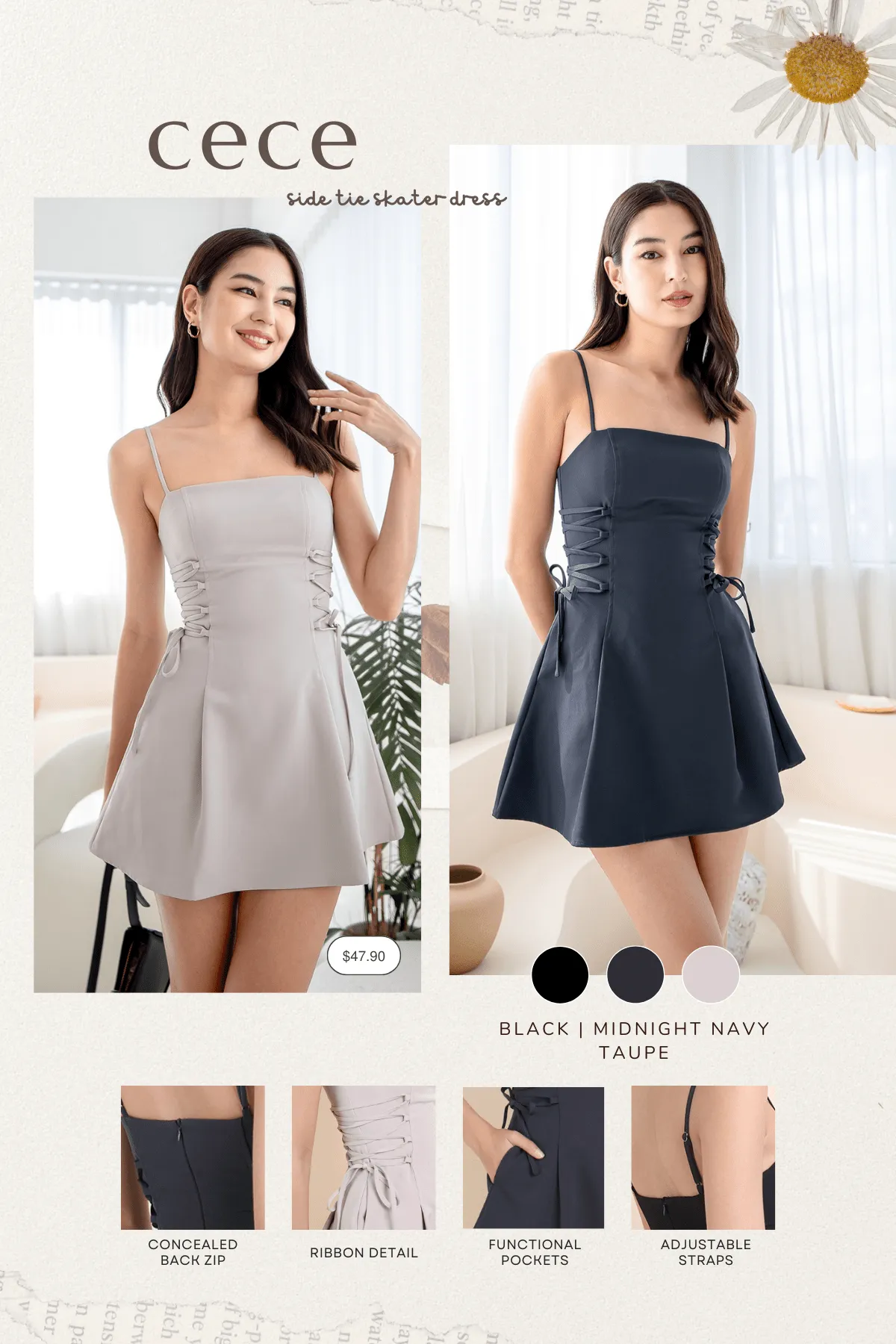 CECE SIDE TIE SKATER DRESS IN TAUPE