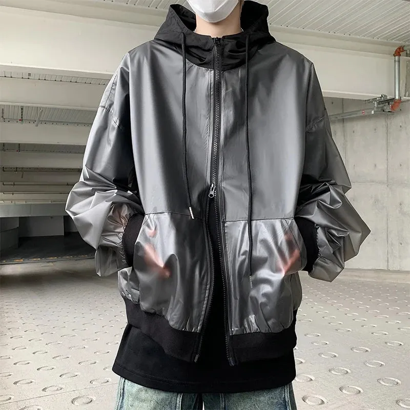 Chicmy-Korean Chic New Spring Transparent Hooded Jacket Men High Quality PU Casual Loose Jackets Male Streetwear Oversized Coat