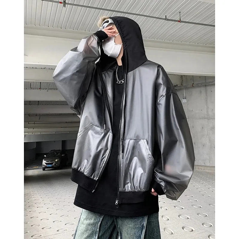 Chicmy-Korean Chic New Spring Transparent Hooded Jacket Men High Quality PU Casual Loose Jackets Male Streetwear Oversized Coat